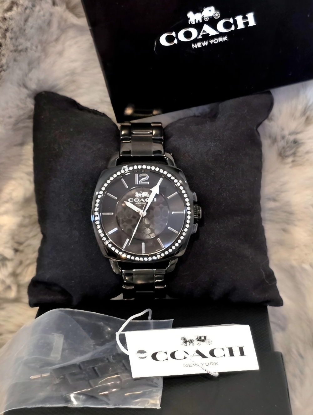 NWT COACH Black Ion-Plated with Crystals Women's Boyfriend Quartz Watch